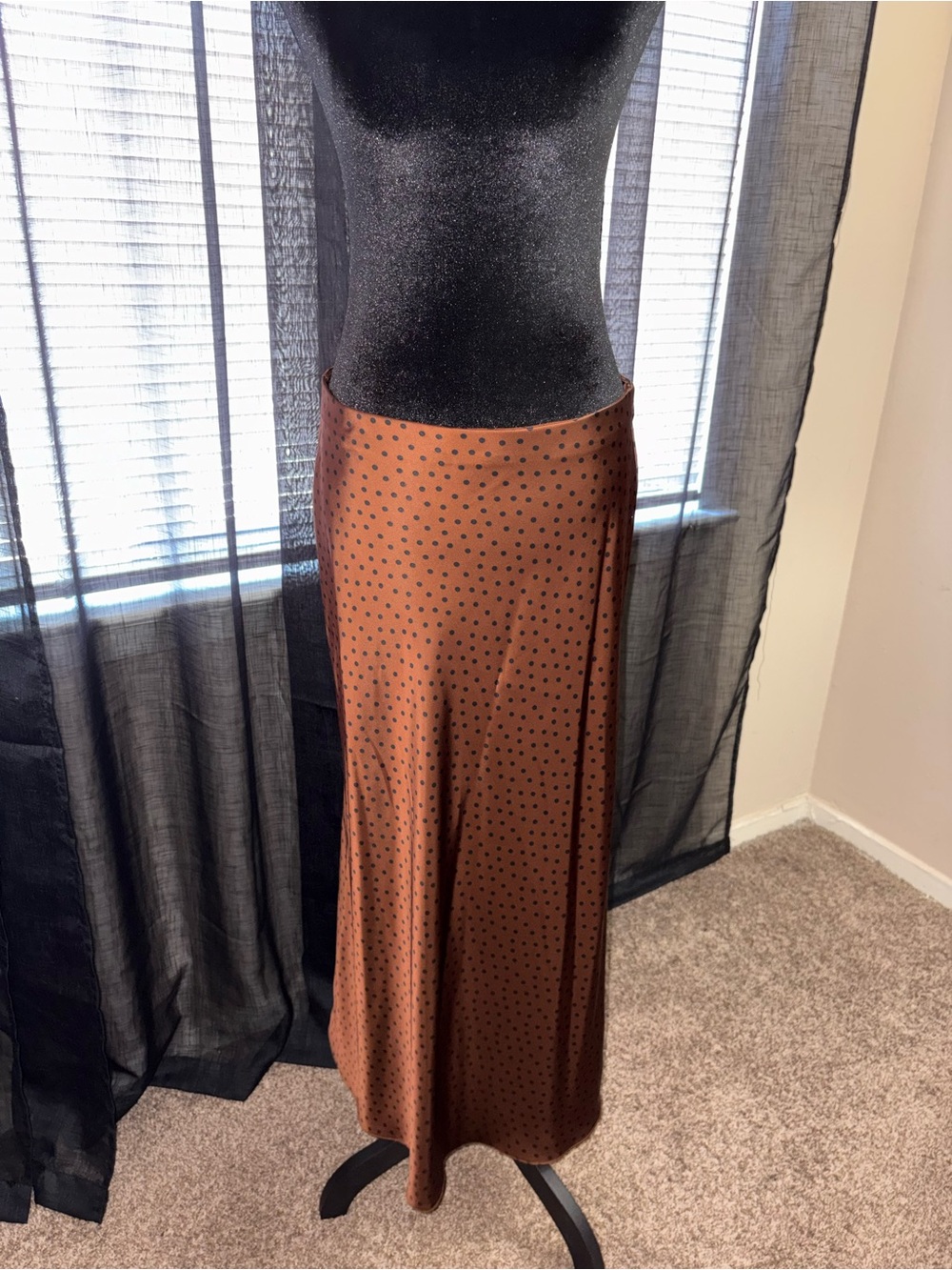 Zara Brown Maxi Skirt with Black Polka Dots